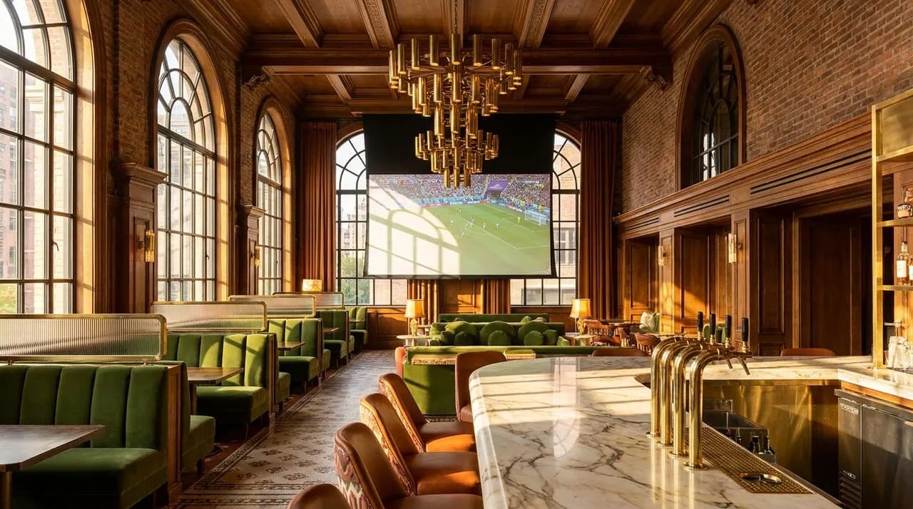 Bright sunny late-afternoon NYC upscale Hell's Kitchen lounge interior set for WC 2026 final viewing, velvet booths, marble bar top, brass chandelier, tall windows, large projection screen, no people,