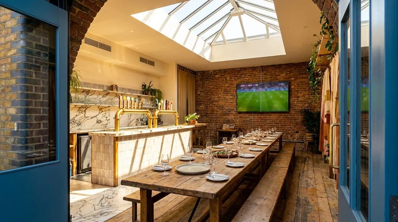 Bright sunny midday Brooklyn taproom interior set for WC 2026 final, long communal wood table, polished brass beer taps, exposed brick walls, large flat screen, skylight overhead, no people