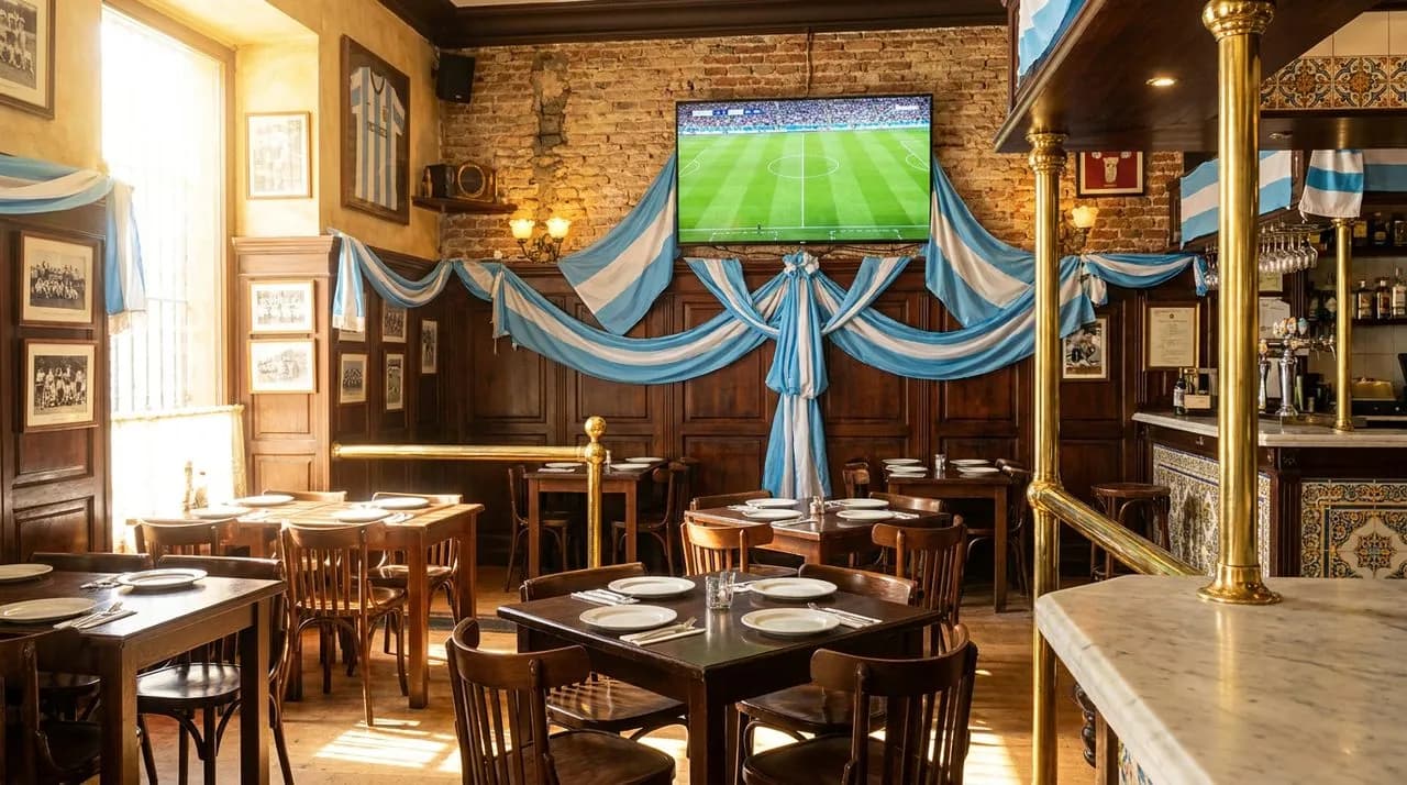 Bright sunny midday Sunnyside Argentine social club interior set for WC 2026 opener, wood tables, sky blue and white scarves on far wall, dark wood paneling, large TV, polished brass railings, no peop