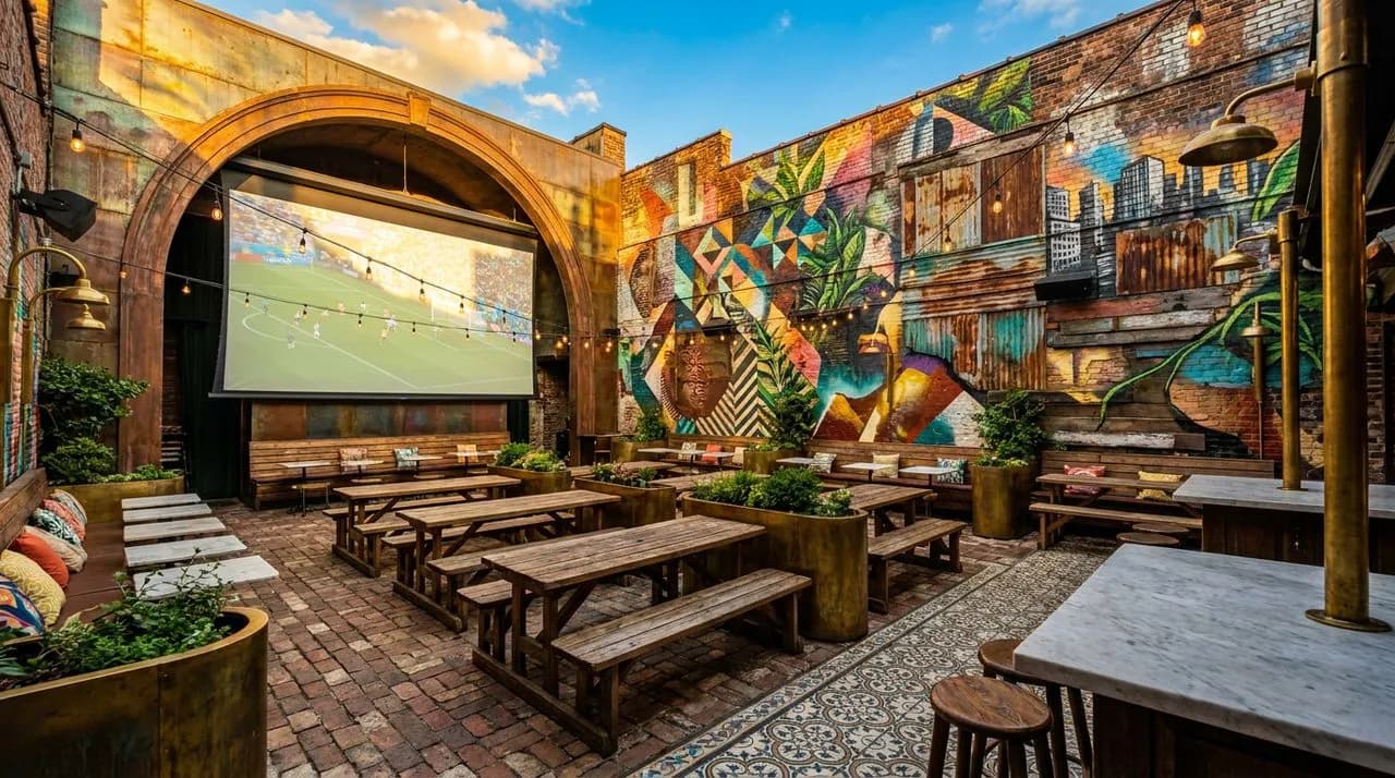 Bright sunny golden-hour Williamsburg bar patio with outdoor projector setup for WC 2026 opener, mural wall backdrop, picnic benches, string lights, no people, vivid sky