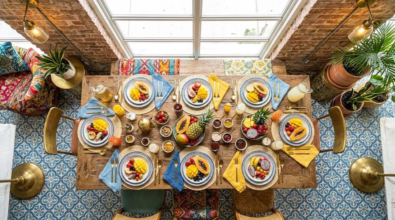 Bright sunny noon overhead view of Miami Wynwood brunch restaurant table set for WC 2026 match day, patterned tile floor, ceramic plates with tropical fruit, brass cutlery, no people