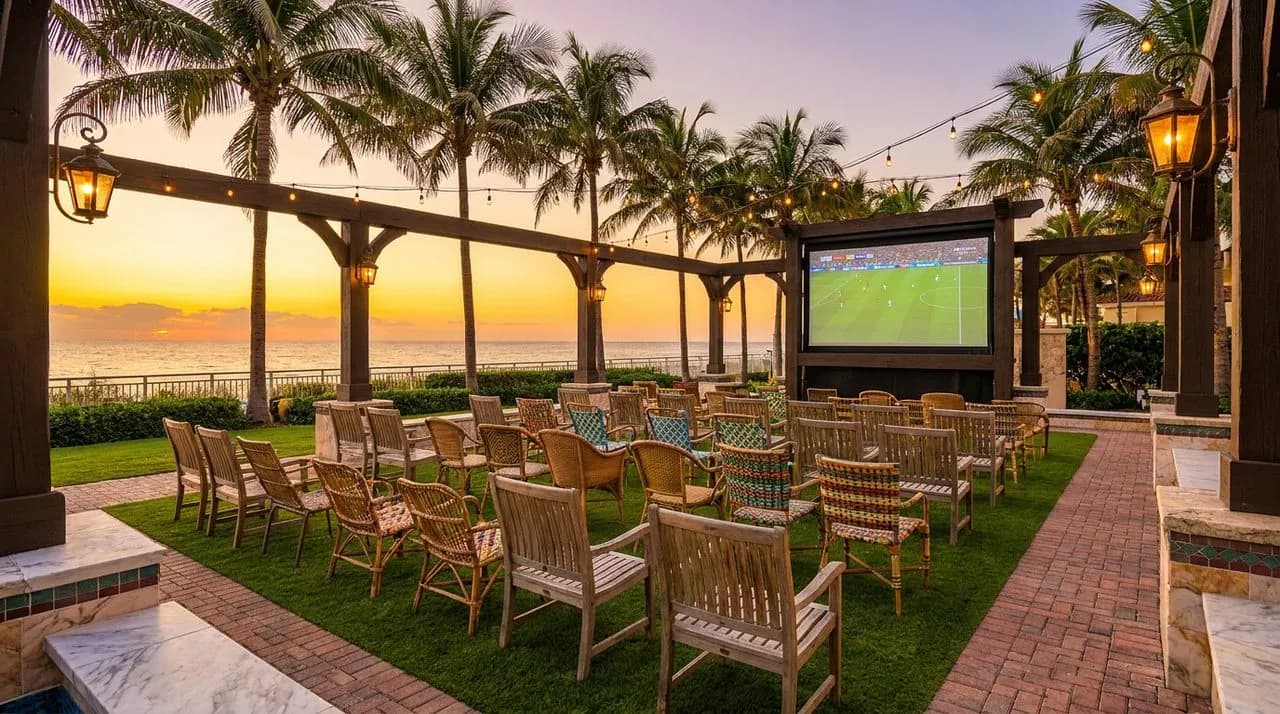 Bright sunny golden-hour Miami Beach lawn party setup for WC 2026 match viewing, lawn chairs in rows, large projector screen, ocean horizon, tall palm trees, vivid sky, no people
