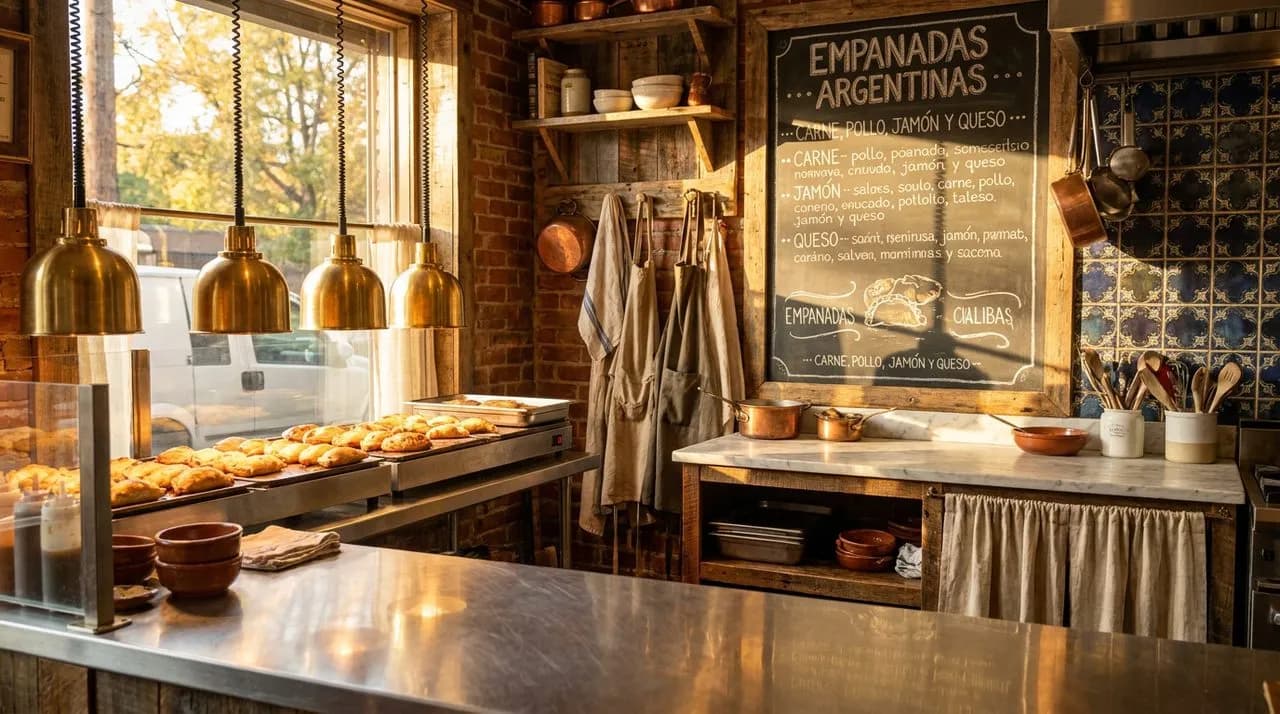Bright sunny mid-afternoon Queens Argentine empanada counter interior, polished steel counter, brass heat lamps over empanada display, chalkboard menu in Spanish, ceramic tile wall behind, no people