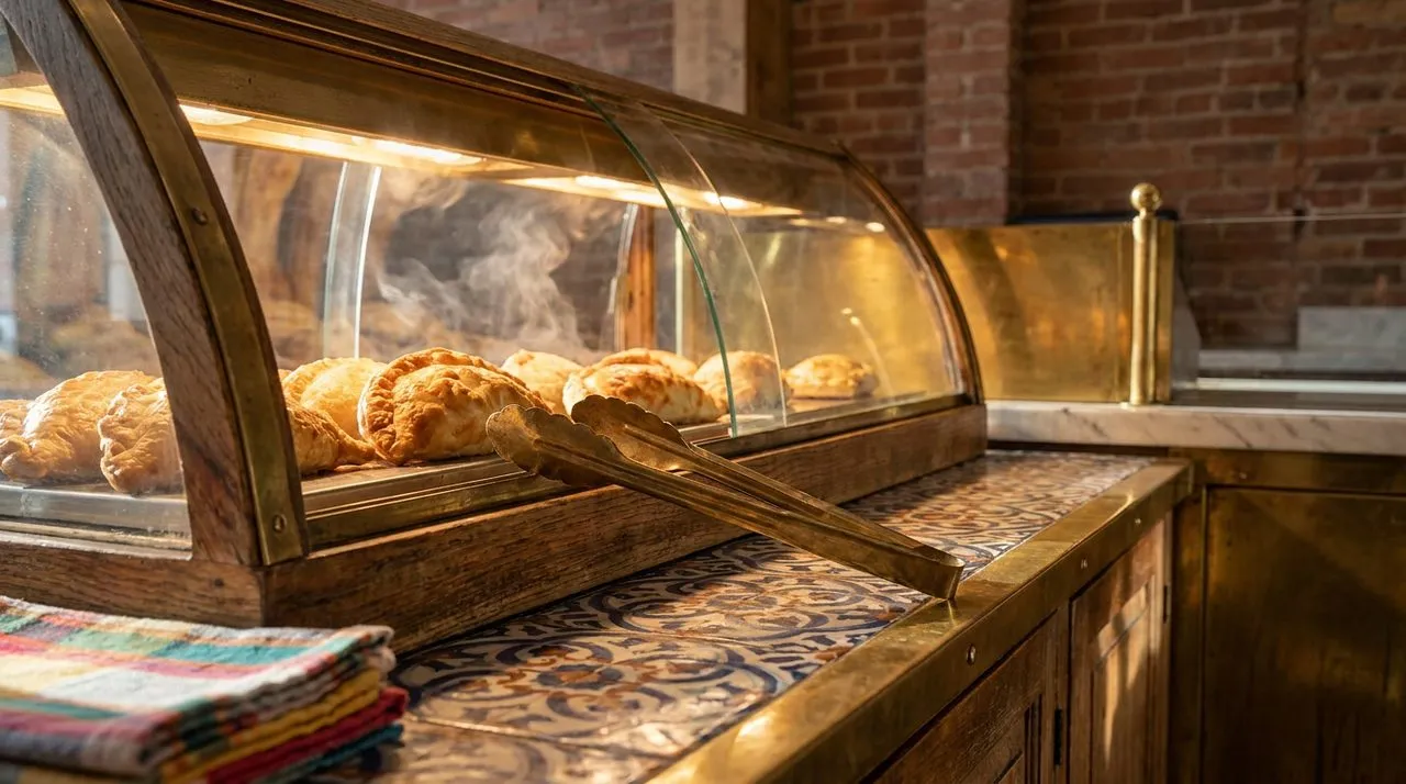 Extreme close-up of Queens empanada display case for WC 2026 match day, golden brown crusts, soft steam, brass tongs, patterned tile counter, warm display light