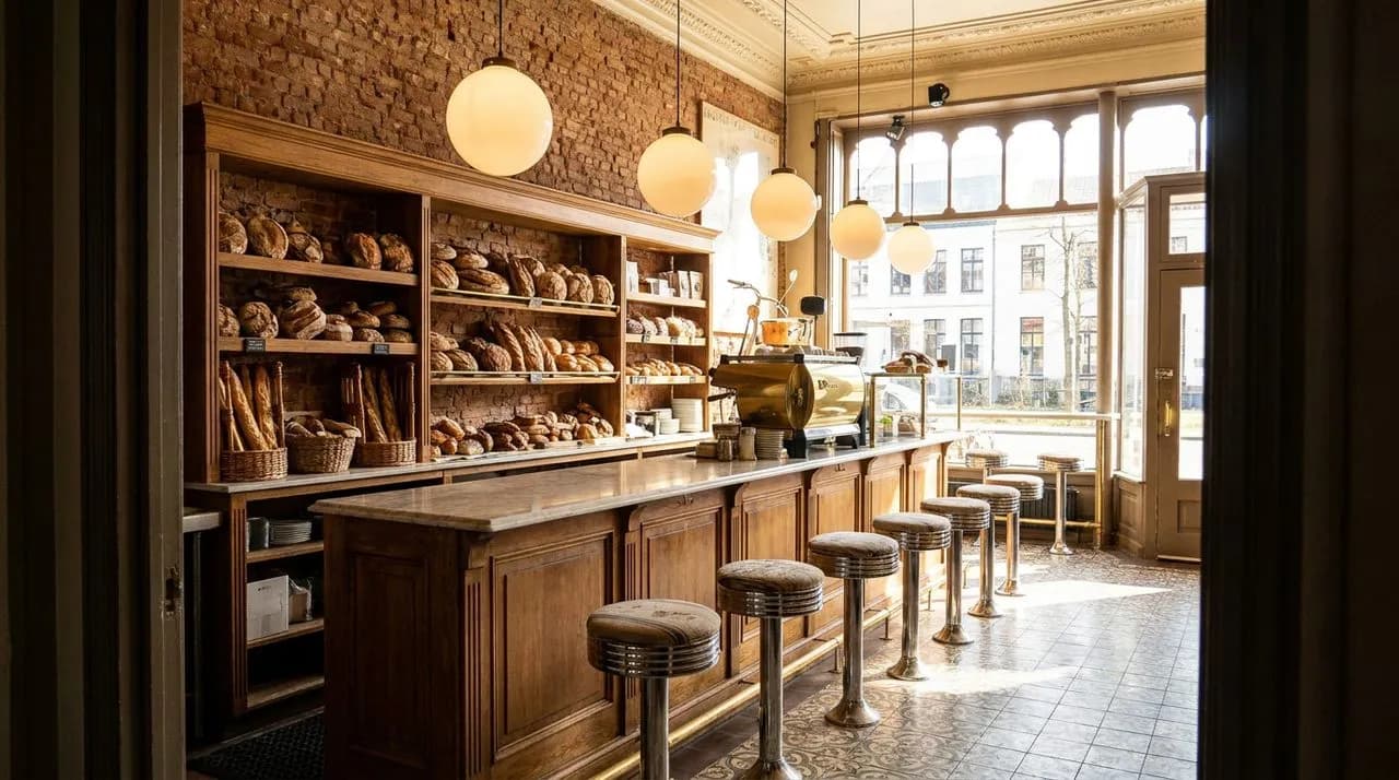 Bright sunny midday Queens bakery counter setup for WC 2026 match day from doorway, globe pendants, polished chrome counter stools, bakery shelves with breads, brass espresso machine, no people