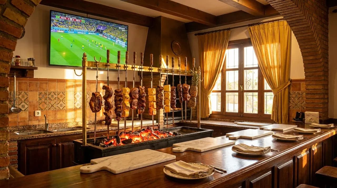 Bright sunny late-afternoon Sunnyside Brazilian BBQ counter interior on WC 2026 Selecao match day, polished wood counter, brass skewer rack, charcoal grill glow, ceramic tile backsplash, large TV show