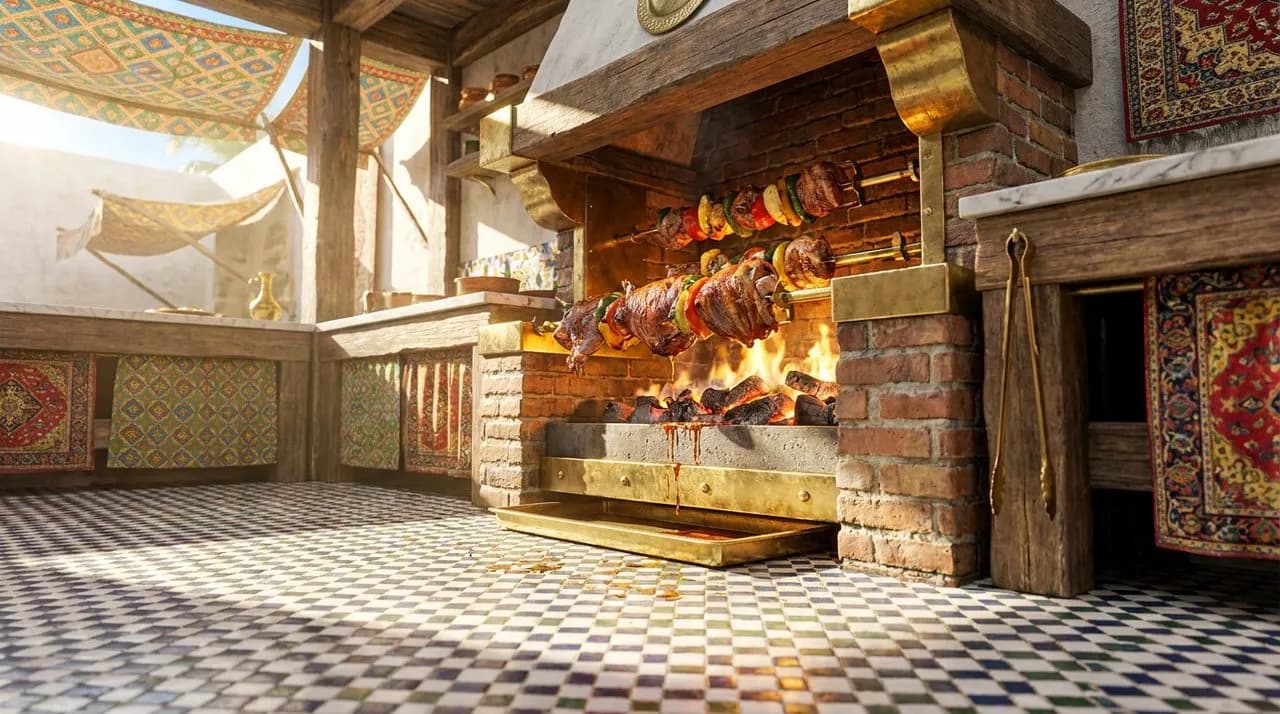 Bright low-angle close-up of Sunnyside Brazilian BBQ rotating skewers, dripping juices, charcoal grill glow, patterned tile floor, brass tongs, warm light