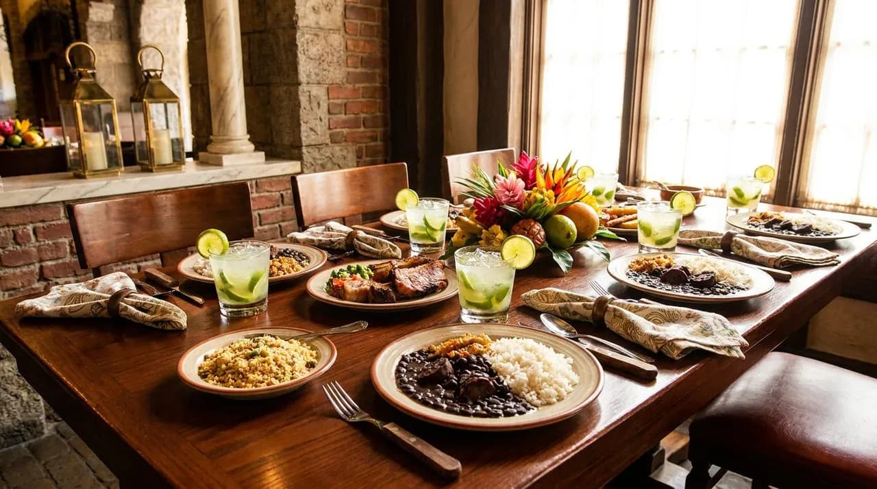Bright sunny afternoon overhead view of Sunnyside Brazilian BBQ table setup for WC 2026 match day, ceramic plates with rice and beans, caipirinha glasses, linen napkins, polished wood table, no people