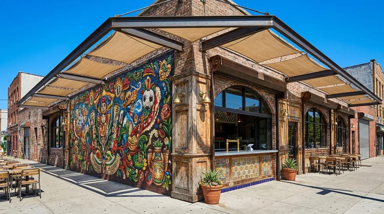 Bright sunny midday Bushwick Mexican taqueria storefront for WC 2026 match day, colorful mural facade, tile counter visible through window, steel awning, vivid blue sky, no people