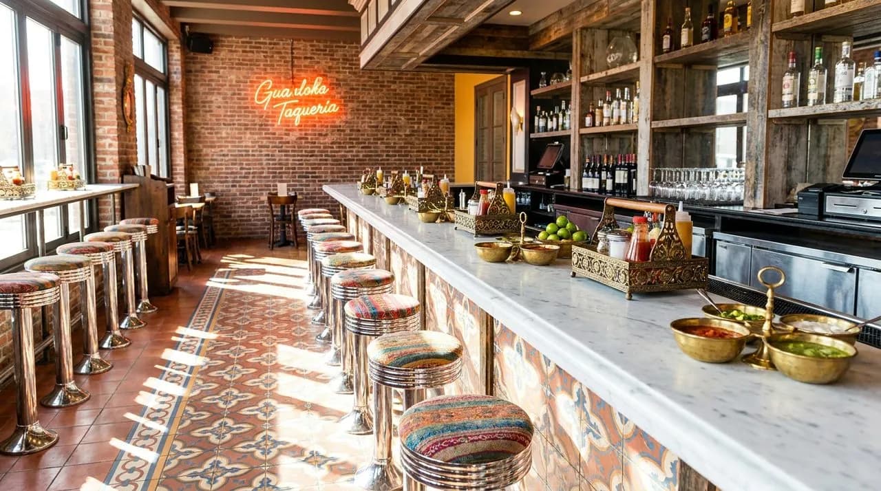 Bright sunny afternoon Bushwick taqueria counter low-angle view, chrome stools, condiment caddy, brass salsa bowls, patterned tile floor, neon menu accent, no people
