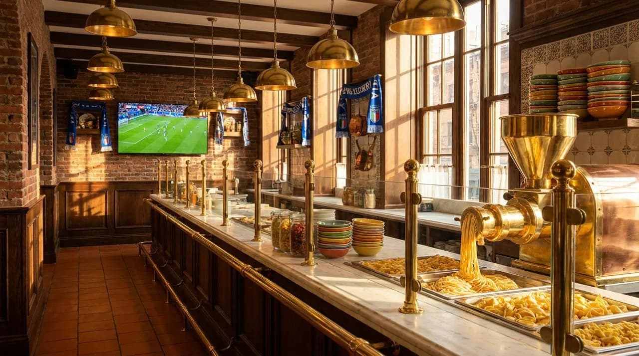 Bright sunny late-afternoon NYC Italian pasta counter interior set for WC 2026 Azzurri match, marble counter, brass railings, brass pendant lights, pasta extruder visible, large TV, no people