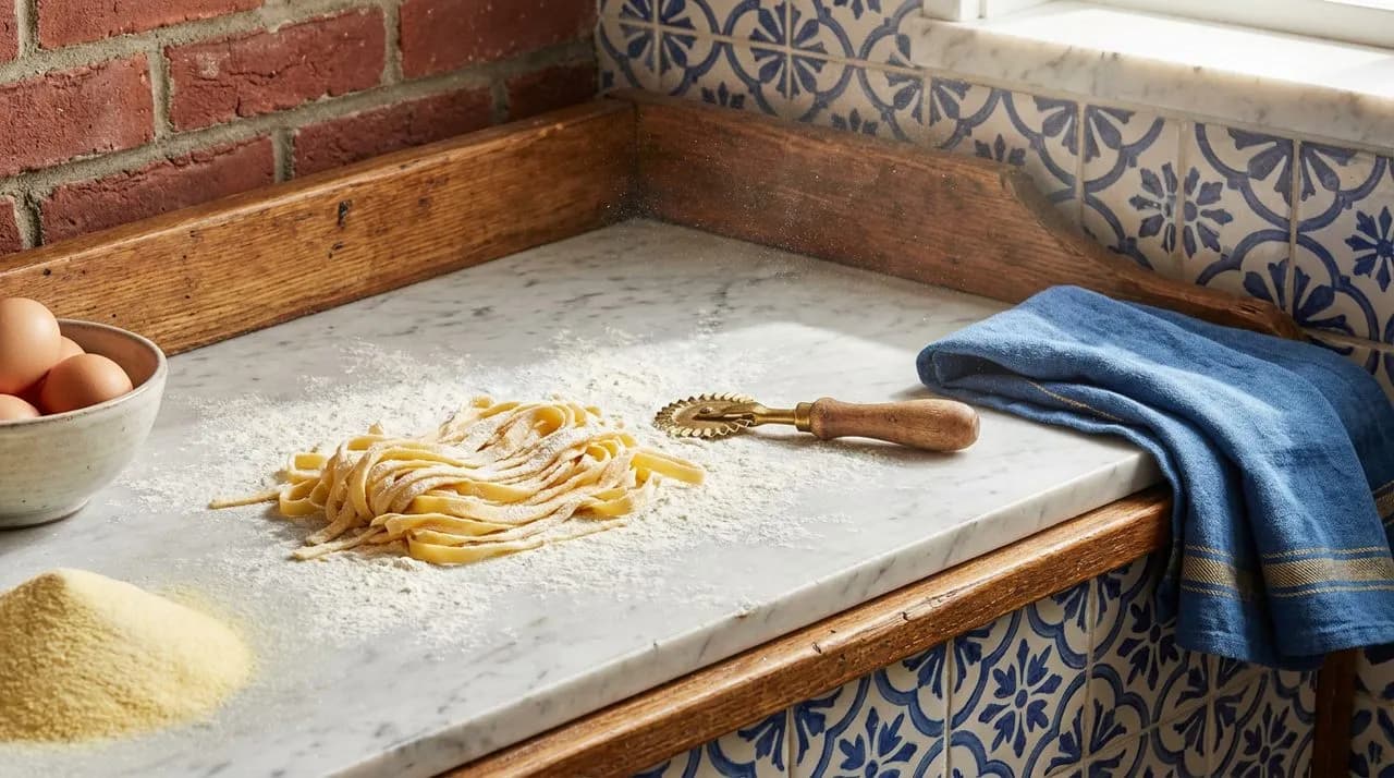 Bright sunny noon overhead close-up of fresh pasta on NYC Italian counter for WC 2026 Azzurri match, fresh pasta strands, flour dust, brass cutter, marble surface, no people