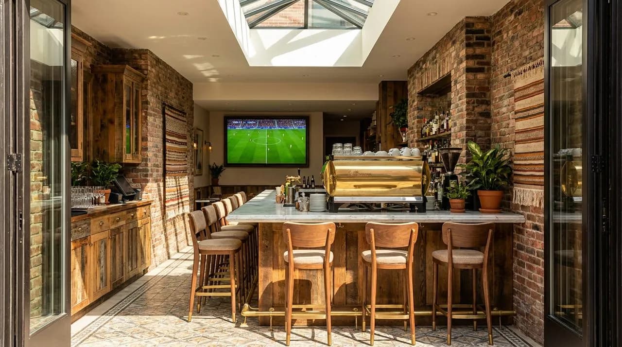 Bright sunny midday low-angle NYC Italian counter view from doorway, brass espresso machine, polished wood counter stools, flat screen showing soccer pitch in background, exposed brick wall, no people