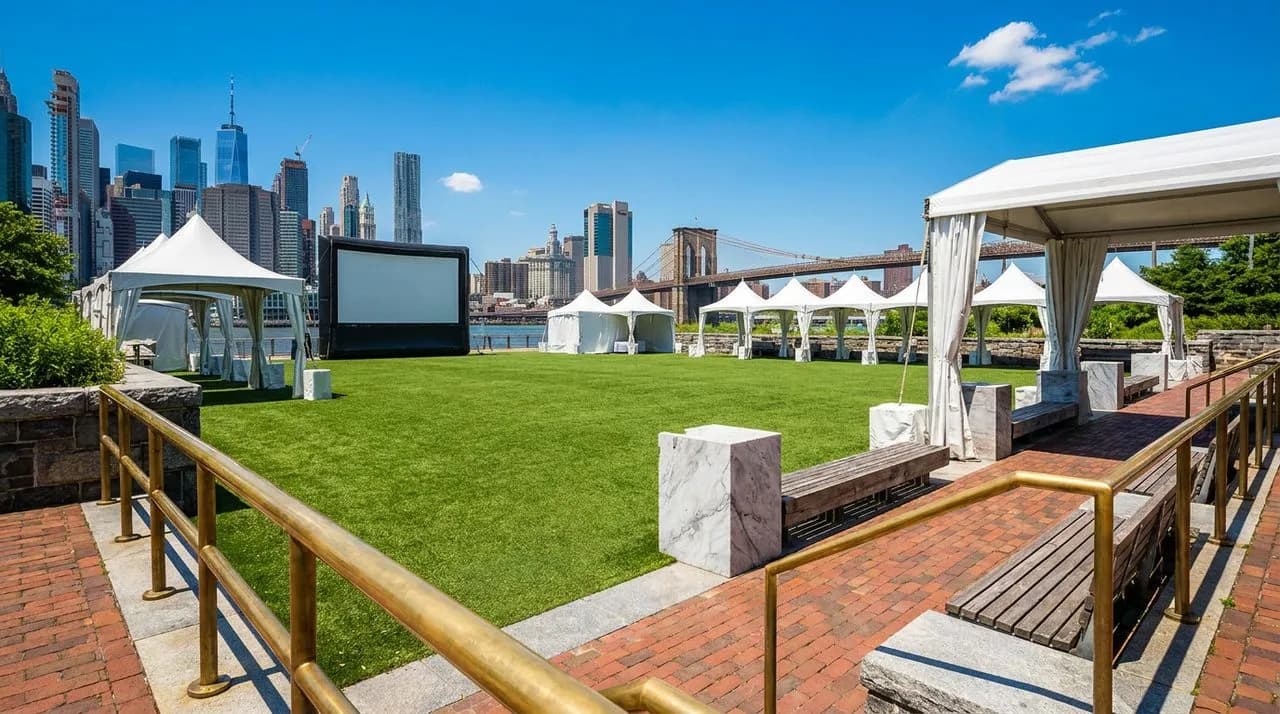 Bright sunny midday wide view of Brooklyn Bridge Park Pier 1 lawn set for WC 2026 free fan festival, green lawn, Manhattan skyline backdrop, brass railings, white festival tents, large projector scree