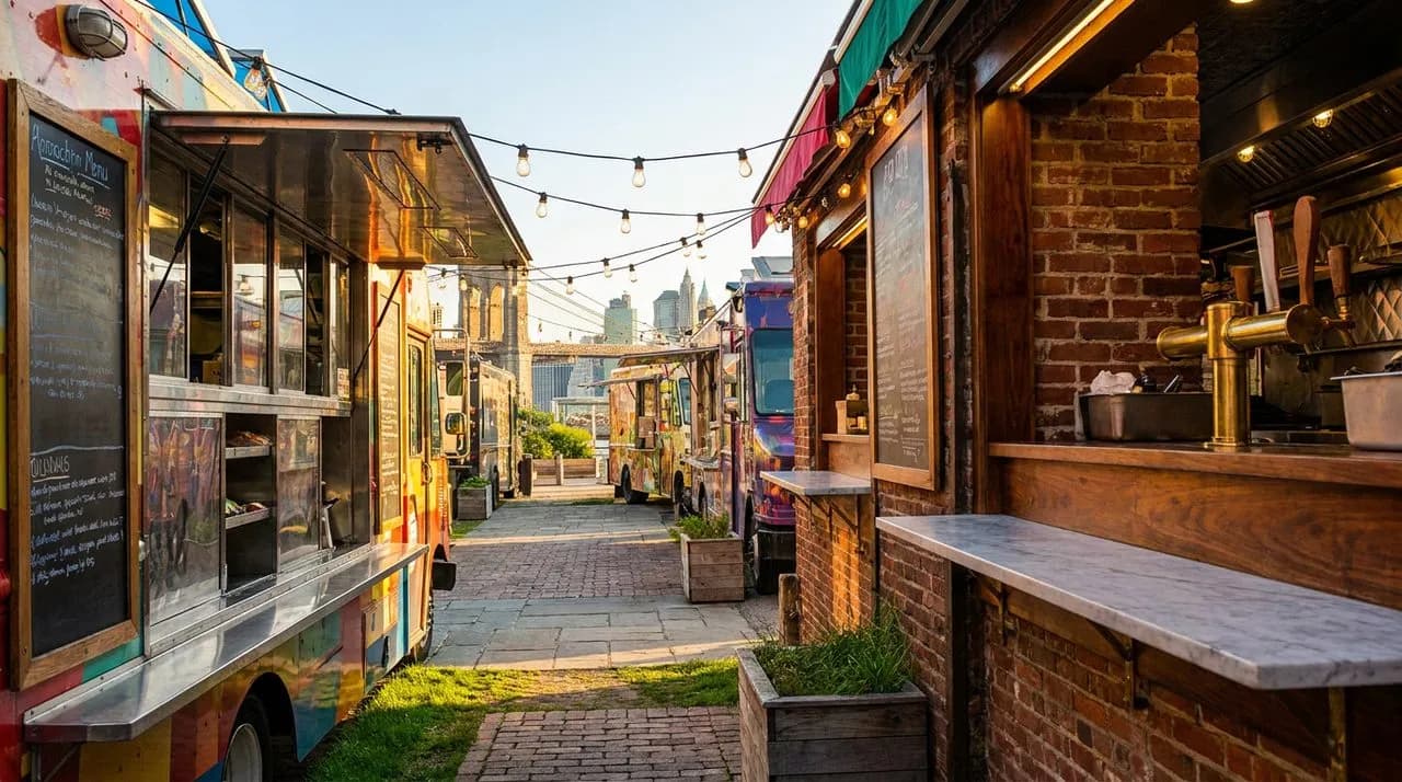 Bright sunny golden-hour low-angle view of Brooklyn Bridge Park food truck row for WC 2026 free fan festival, colorful food trucks, chalkboard menus, festoon lights, polished metal serving counters, n