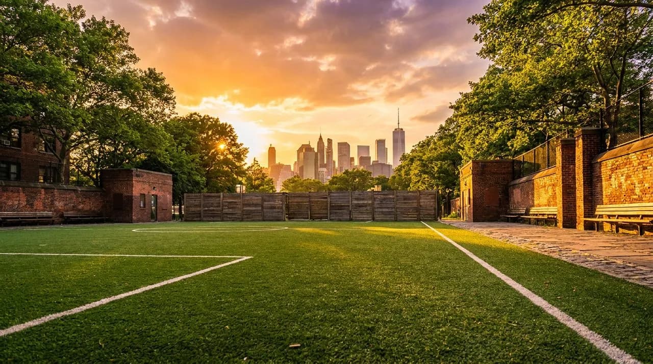 Bright sunny golden-hour low-angle NYC McCarren Park soccer pitch for WC 2026 pickup, green turf, distant Manhattan skyline silhouette, leafy summer trees, weathered fence, vivid sky