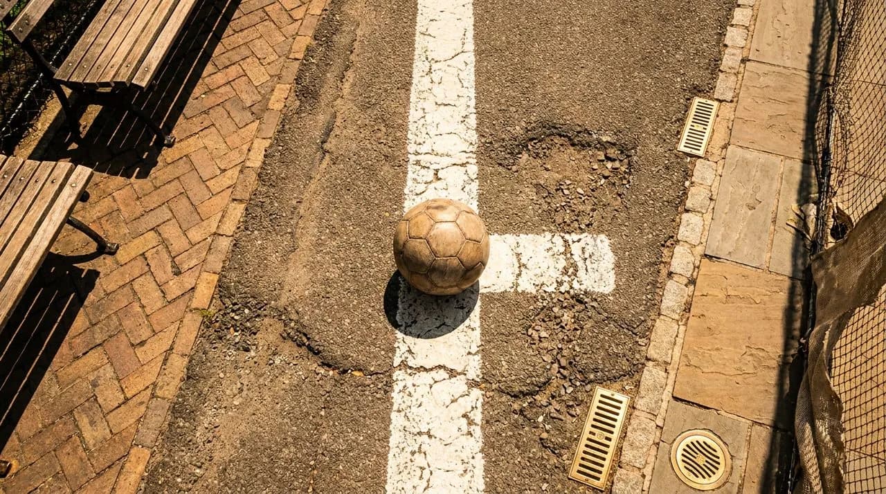 Bright sunny midday overhead close-up of scuffed soccer ball on painted white sideline at NYC public pitch for WC 2026 pickup, asphalt texture, painted line, warm light