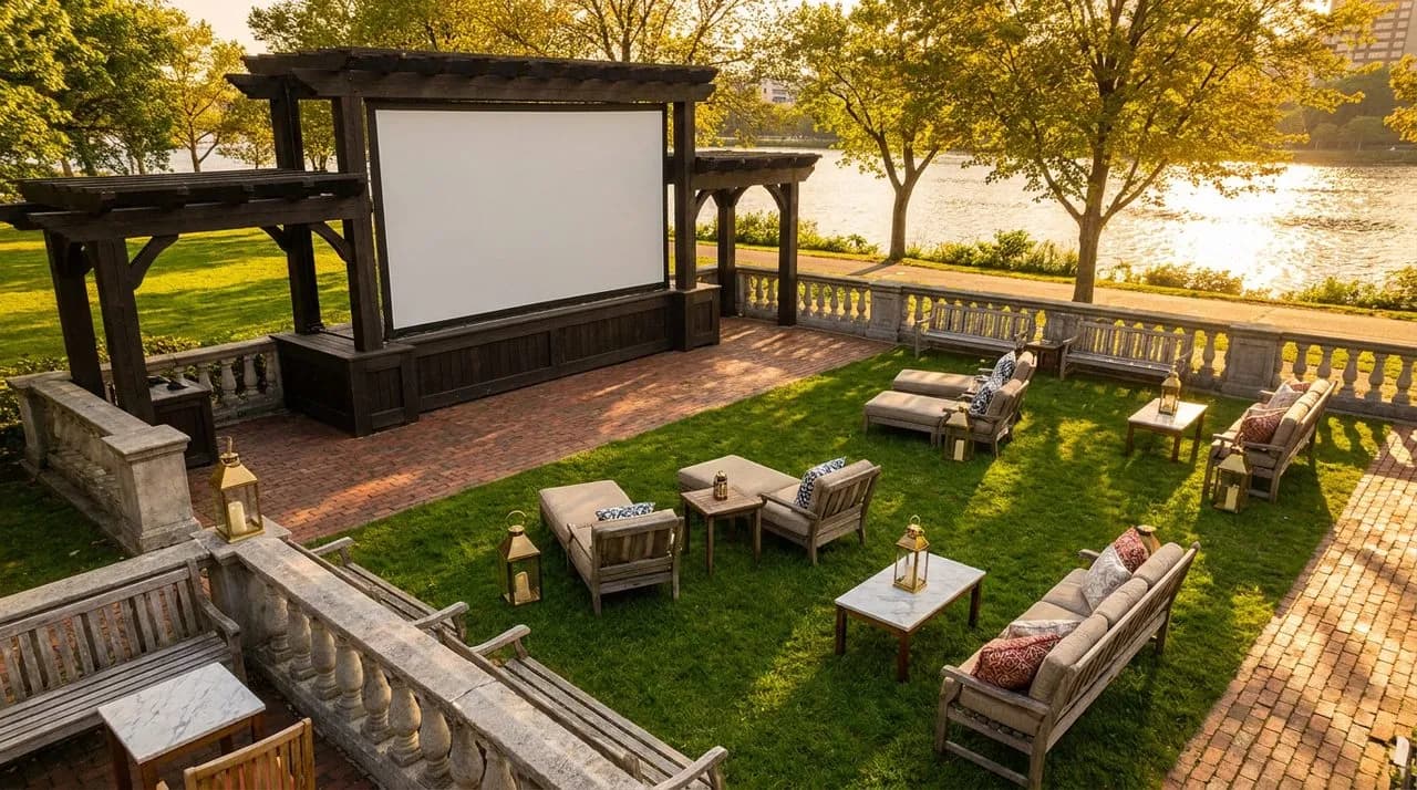 Bright sunny golden-hour overhead view of Boston Esplanade lawn set for WC 2026 free watch party, green lawn, Charles River background, projector screen, leafy trees, no people