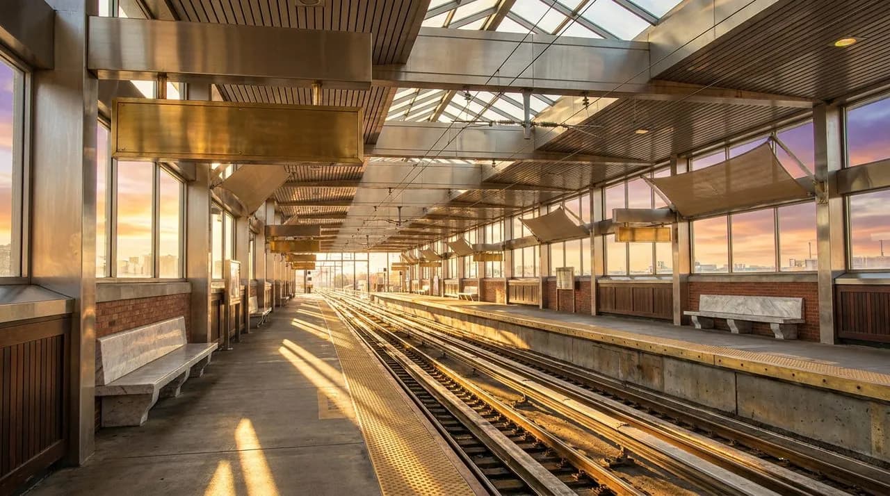 Bright sunny late-afternoon wide view of NJ Transit Secaucus Junction platform after WC 2026 match at MetLife, polished steel rails, concrete platform, brass station signage, brushed steel ceiling, vi