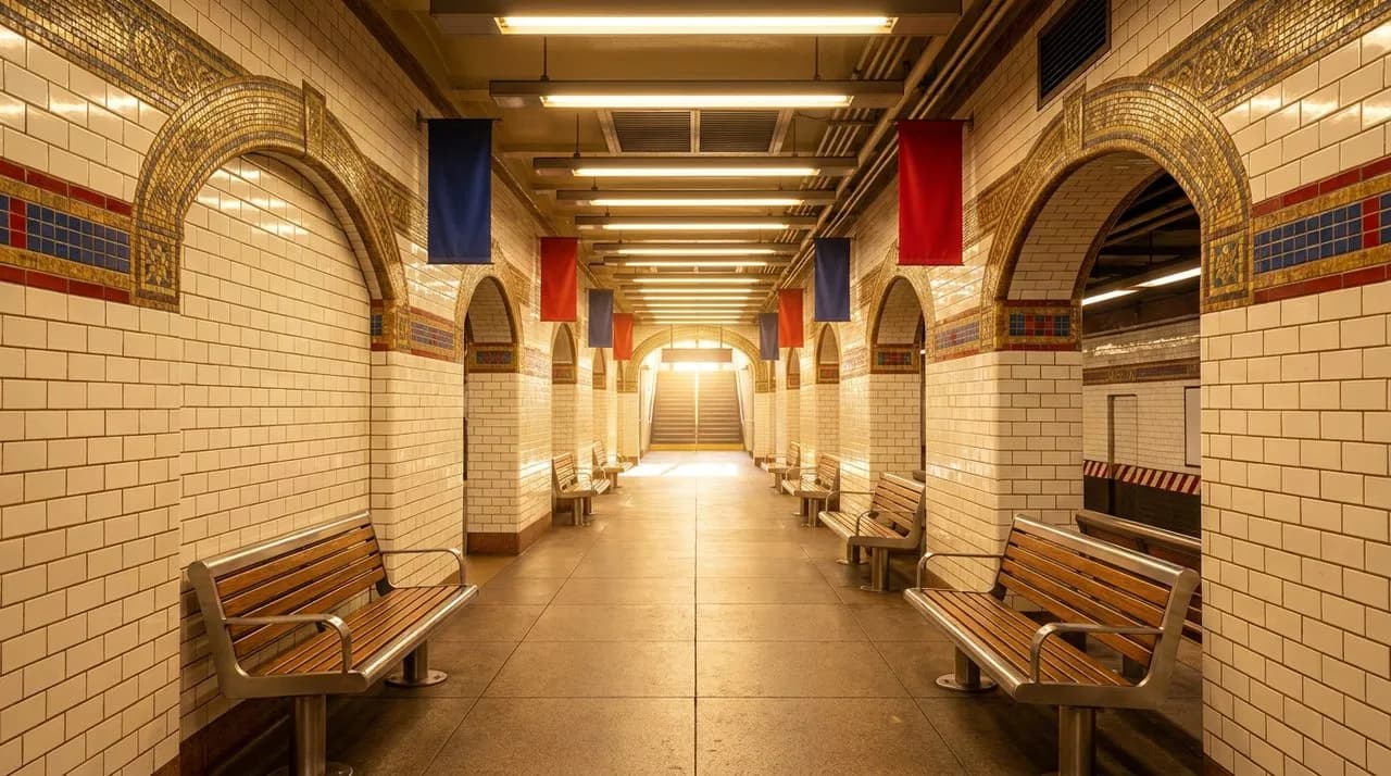 Bright early-evening wide view of NYC subway platform on WC 2026 match night, polished white tile walls, brass mosaic accents, polished steel benches, vivid daylight from station entrance, no people