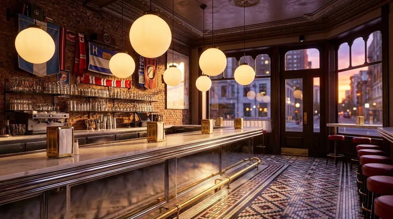 Bright early-evening NYC diner interior near subway on WC 2026 match night, globe pendants, polished chrome counter, brass napkin holders, patterned tile floor, vivid dusk through windows, no people