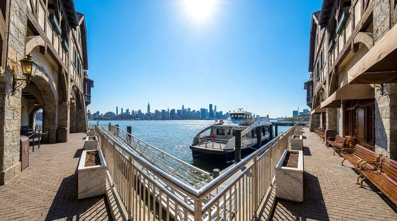 Bright sunny midday wide view of NYC Ferry Midtown West slip on WC 2026 match day, polished steel railings, ferry boat docked, NJ skyline silhouette across Hudson, vivid blue sky, no people