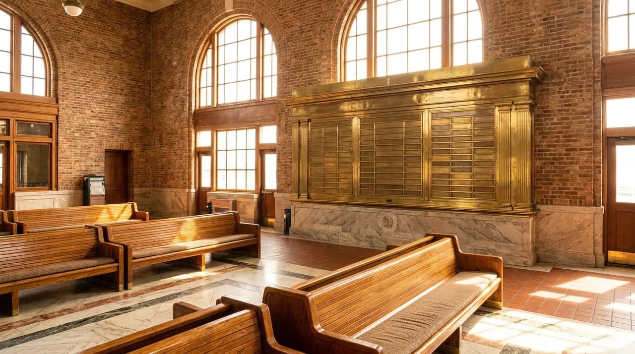 Bright sunny midday overhead view of NY Waterway Weehawken terminal interior on WC 2026 match day, polished wood benches, brass schedule board, exposed brick wall, patterned tile floor, no people