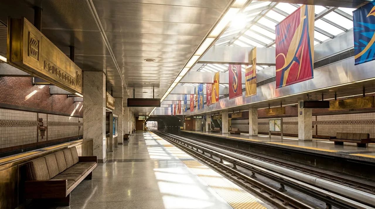 Bright sunny midday wide view of SF BART platform on WC 2026 match day to Levi's, polished concrete platform, polished steel rails, brass station signage, brushed steel ceiling, vivid daylight, no peo