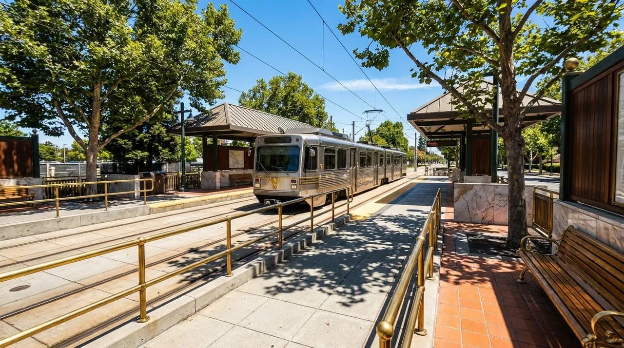 Bright sunny midday overhead view of VTA light rail platform near Levi's Stadium on WC 2026 match day, polished steel light rail car, concrete platform, brass railings, leafy summer trees, vivid blue 