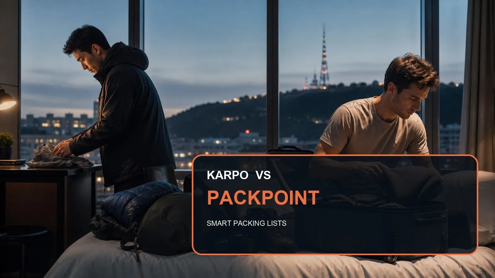 Karpo versus PackPoint in a photorealistic editorial city comparison.