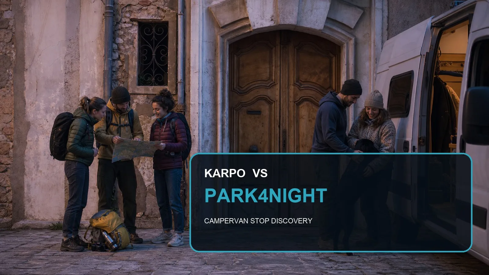 Karpo versus park4night in a photorealistic editorial comparison.