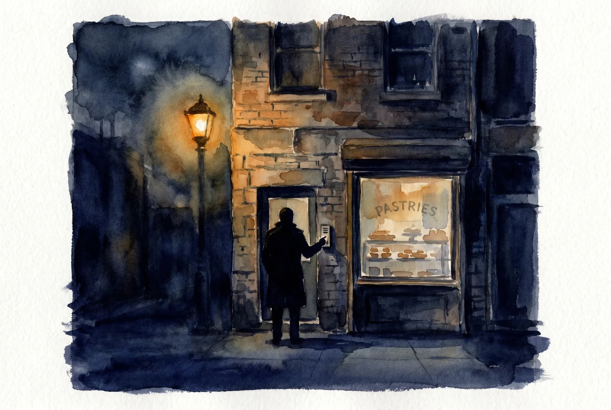 AI-generated watercolor: a quiet evening street in Manhattan's Flatiron district, old masonry building with a dimly lit coffee shop window, single silhouetted figure near a door buzzer, inky dark blue sky, warm amber street light