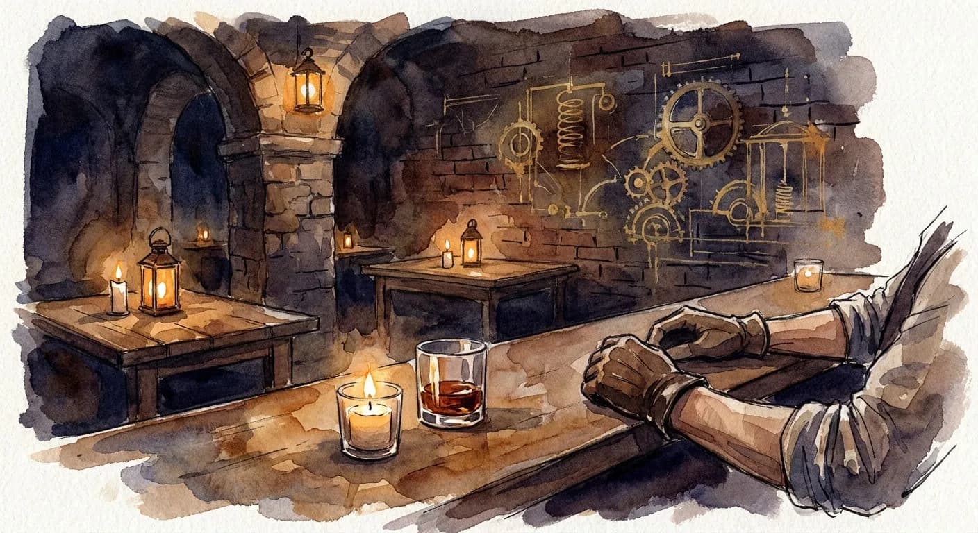 AI-generated watercolor: candlelit underground speakeasy bar interior, exposed brick walls in deep navy and charcoal, a wooden bar with an amber cocktail glass and candle, bartender hands visible, impressionistic Tesla circuit sketches on the back wall