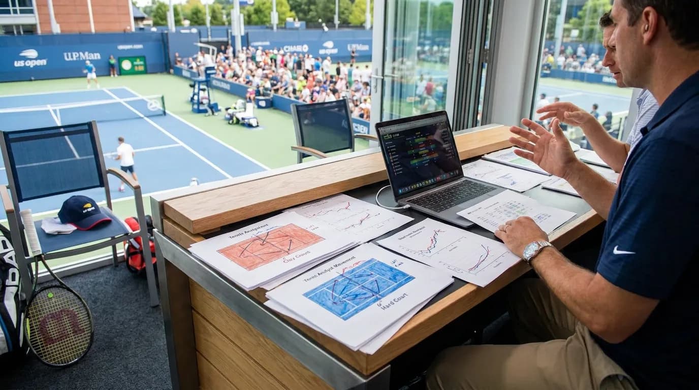 Photorealistic US Open tennis scene for Paula Badosa’s US Open Movement Questions.