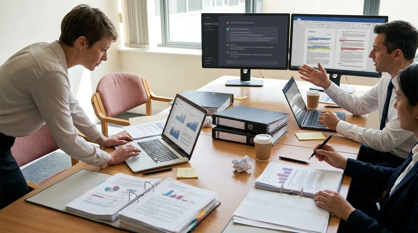 A photorealistic Paxton versus Karpo scenario illustrating moment three: by 3:15 p.m., backup planning is the product