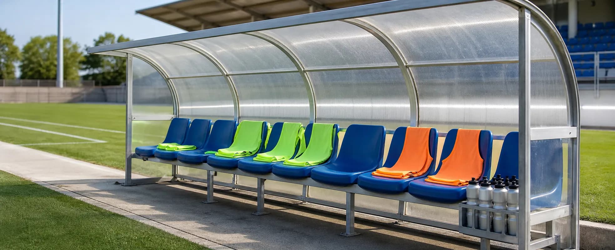 Bright realistic substitutes bench with bibs and water bottles