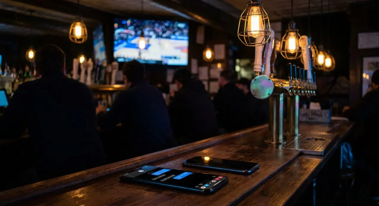 NYC East Village bar interior at evening with two phones face-up on the counter showing an iMessage-style chat thread from Karpo with the Cavaliers vs Knicks ECF watch-party tip