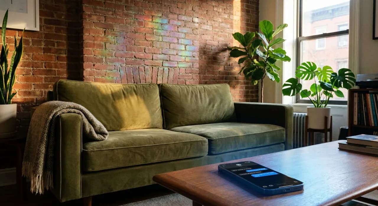 Brooklyn brownstone living room with phone on coffee table showing a Karpo iMessage chat about the Thunder vs Spurs WCF Game 4 Sunday 8pm couch plan