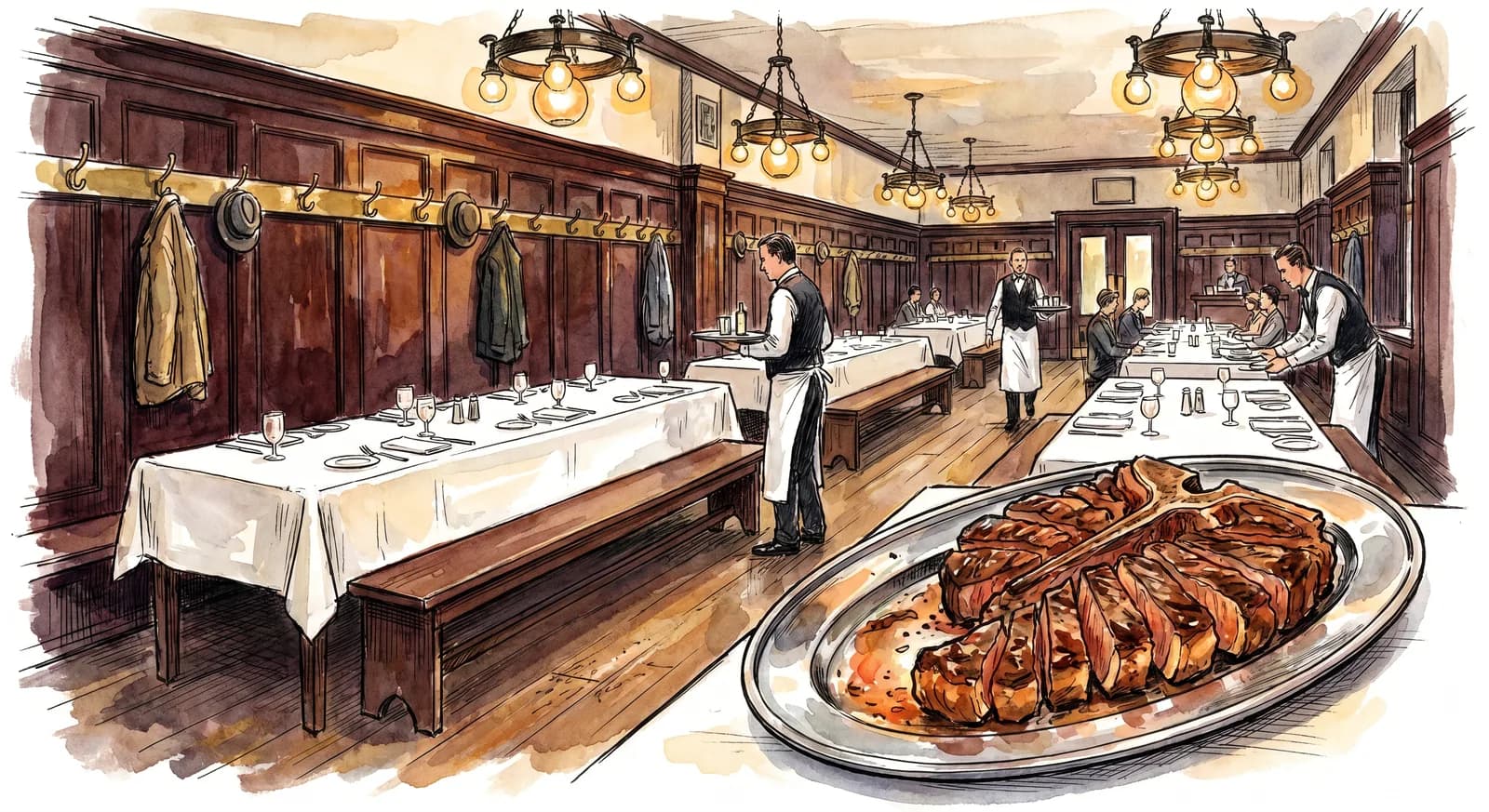 Wood-paneled dining room at Peter Luger Steakhouse in Williamsburg, white tablecloths, a sizzling porterhouse platter on a table in the foreground