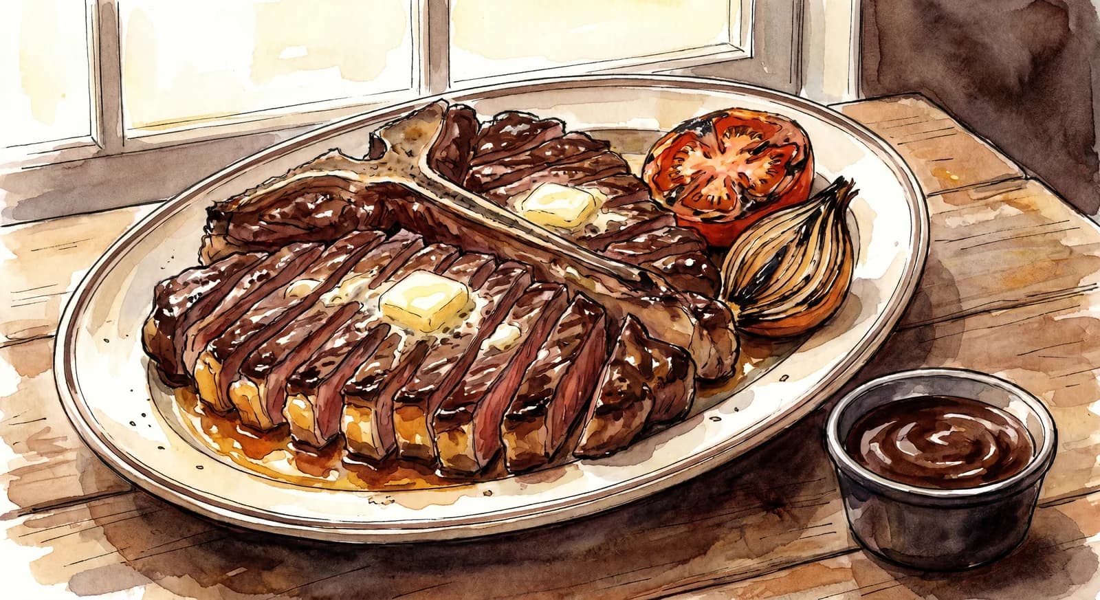Overhead view of Peter Luger's porterhouse steak for two sliced parallel to the bone on a sizzling white platter, butter melting on top