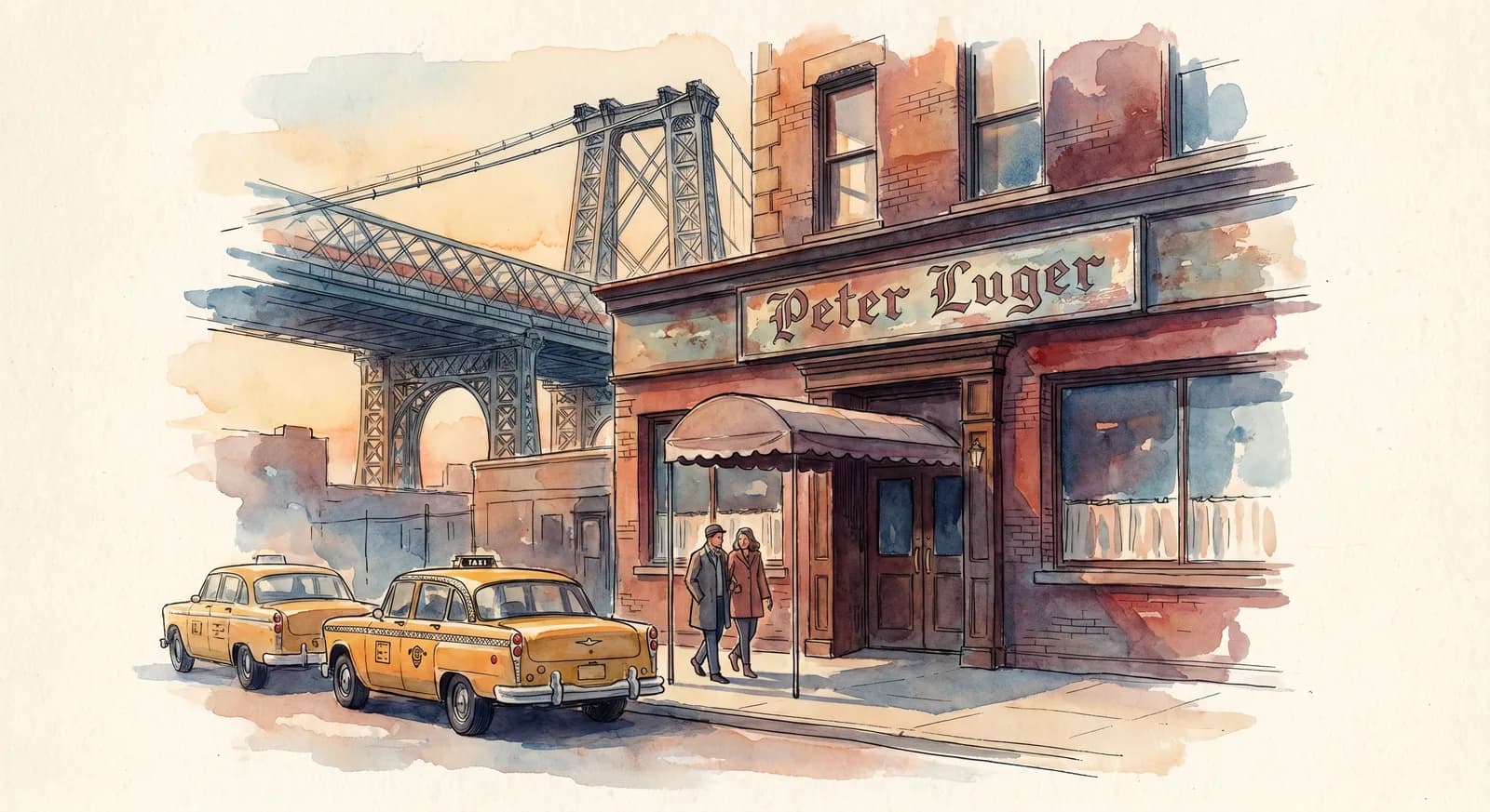 Peter Luger exterior at 178 Broadway in Williamsburg at golden hour, painted sign on brick facade, Williamsburg Bridge in the background