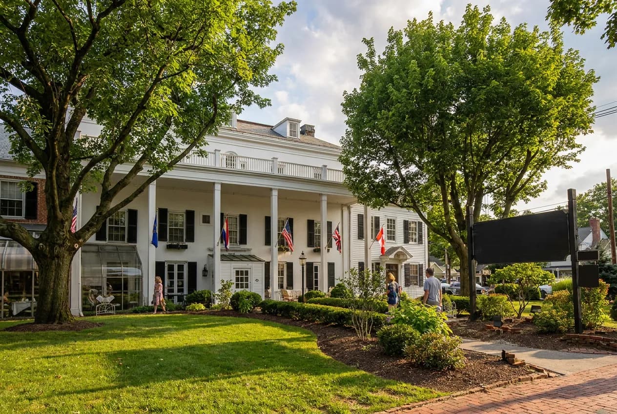 A picturesque historic small-town Main Street lined with preserved colonial and Victorian storefronts and leafy trees on a summer afternoon
