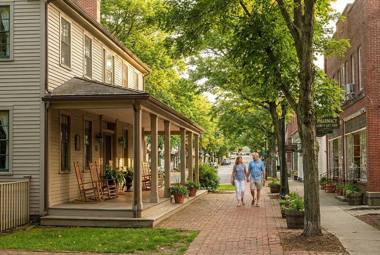 A historic country inn with a covered porch and colonial architecture on a leafy village street