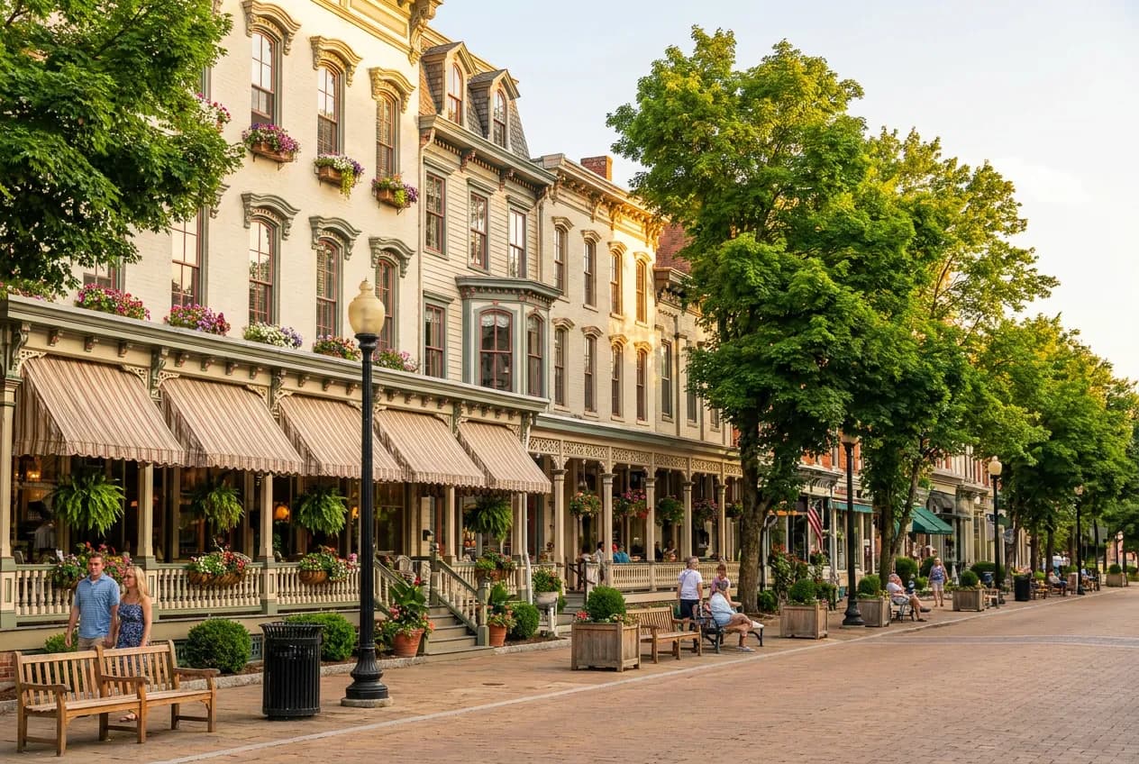 A restored Victorian spa-town street with ornate 19th-century buildings and covered porches under summer light