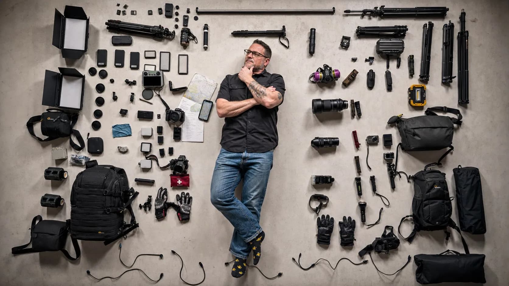 A creator surrounded by camera gear while deciding between digital effects and a real city story