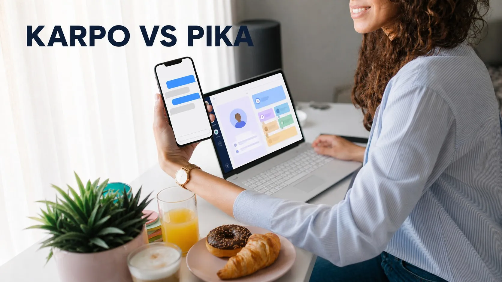 A laptop creative workspace beside Karpo in iMessage in a photorealistic Karpo versus Pika comparison