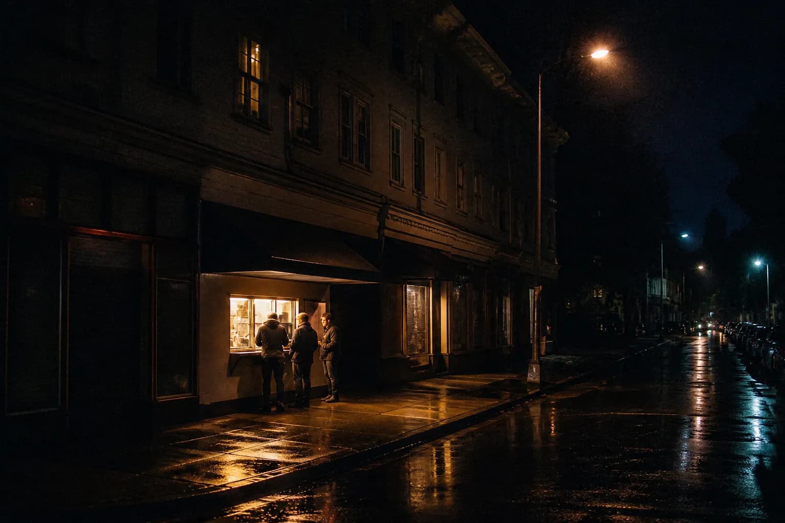 A San Francisco street at around one in the morning, almost entirely dark and shuttered except for one small lit takeaway window with three people standing outside on the wet pavement