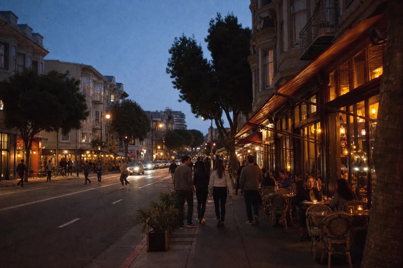 A North Beach style San Francisco avenue at dusk with low Italianate buildings, restaurant awnings, pavement tables and warm window light against a deep blue sky