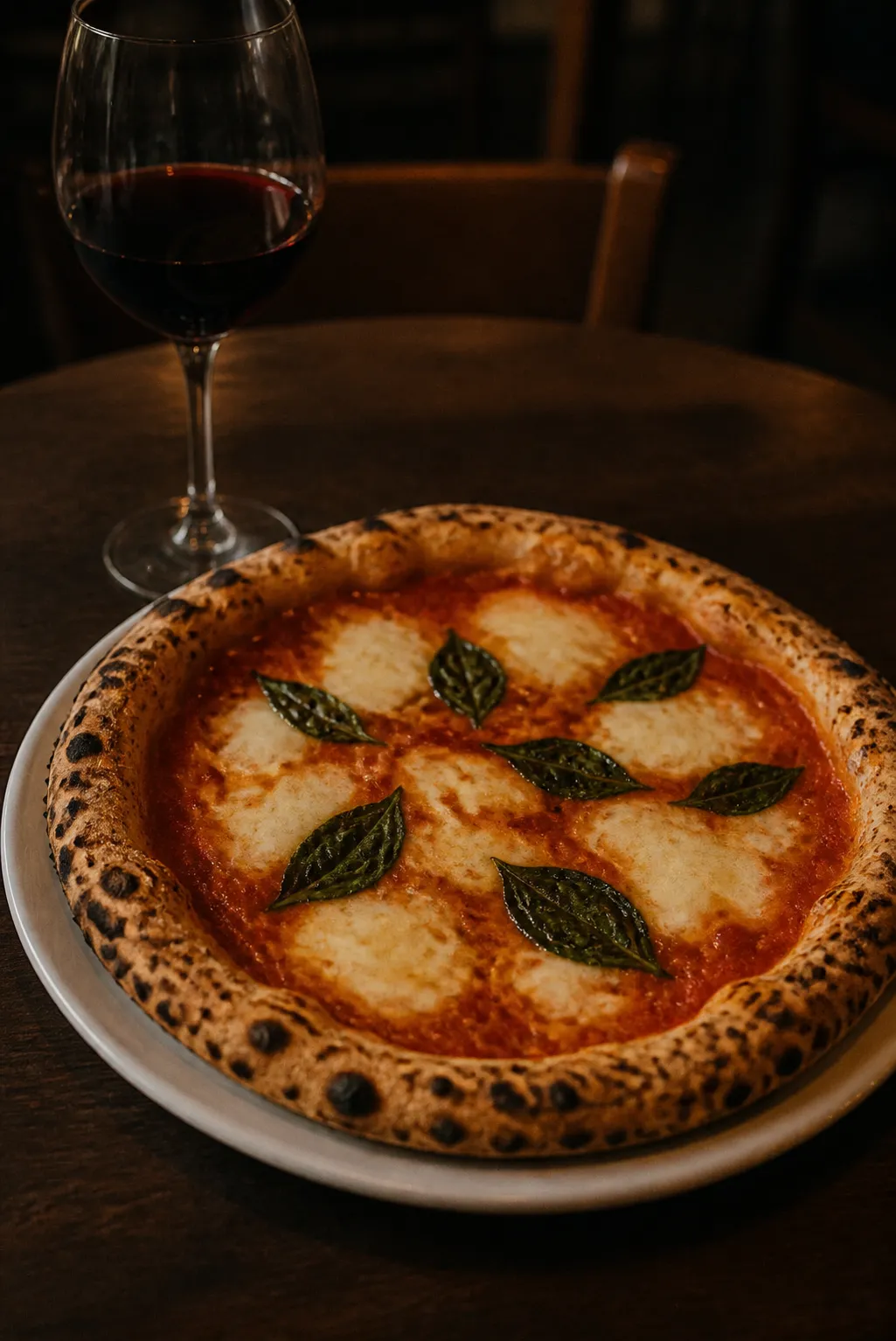 A whole Neapolitan margherita pizza with a blistered leopard-spotted crust and basil leaves on a plain white plate on a dark wooden table in warm low evening light