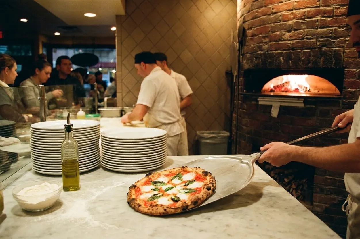 A charred-crust Margherita coming off a metal peel at a wood-fired pizzeria counter in North Beach, San Francisco